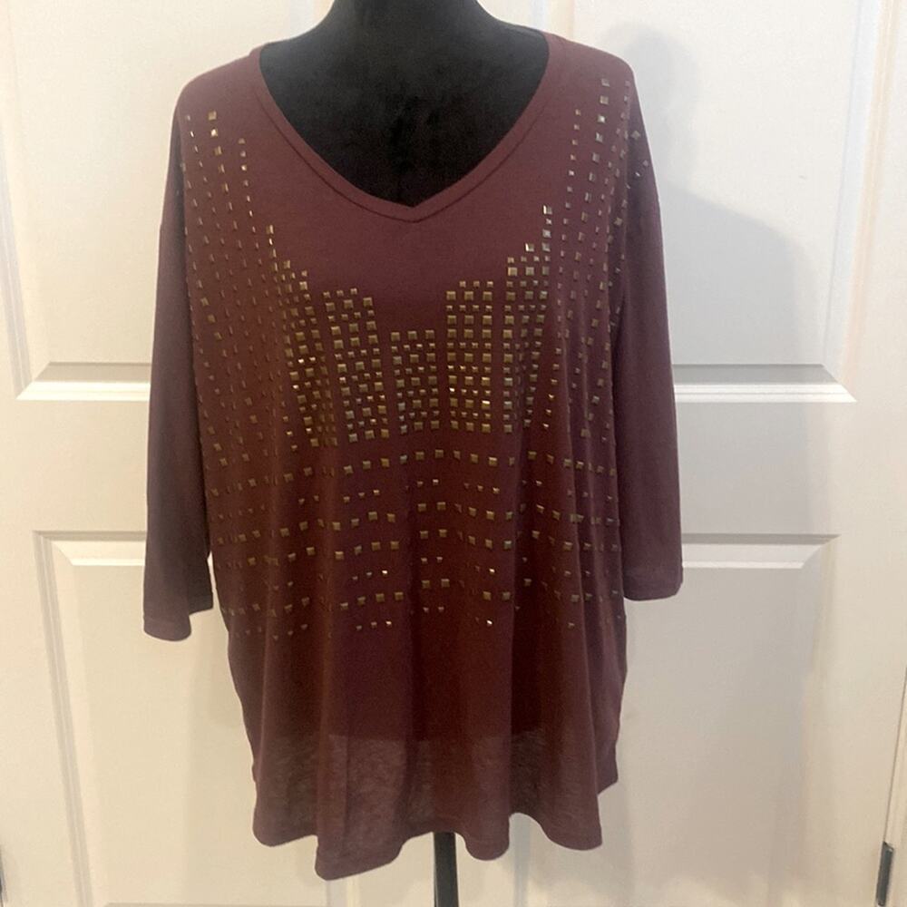 Umgee Boho Tribal Lagenlook Eggplant Plum Top With Bronze Studding Detail
